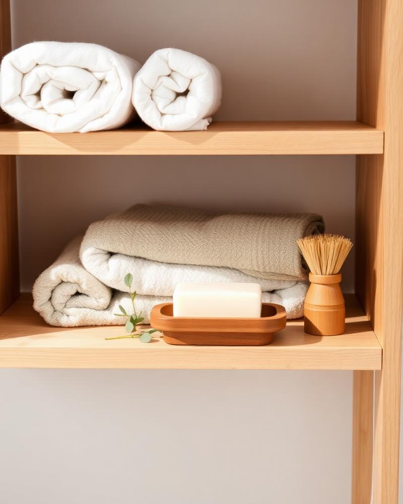 Rolled organic cotton towels, a soap bar on a wooden dish and a bamboo brush