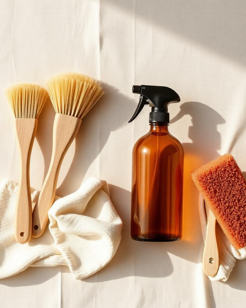 Wooden dish brushes, cloths and a refillable amber glass spray bottle