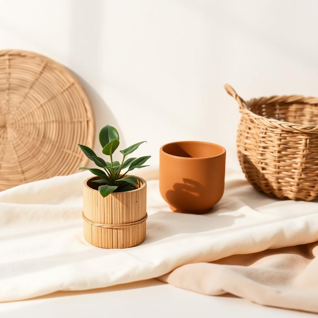 Bamboo planter with a green plant, terracotta pot and woven basket on cream linen