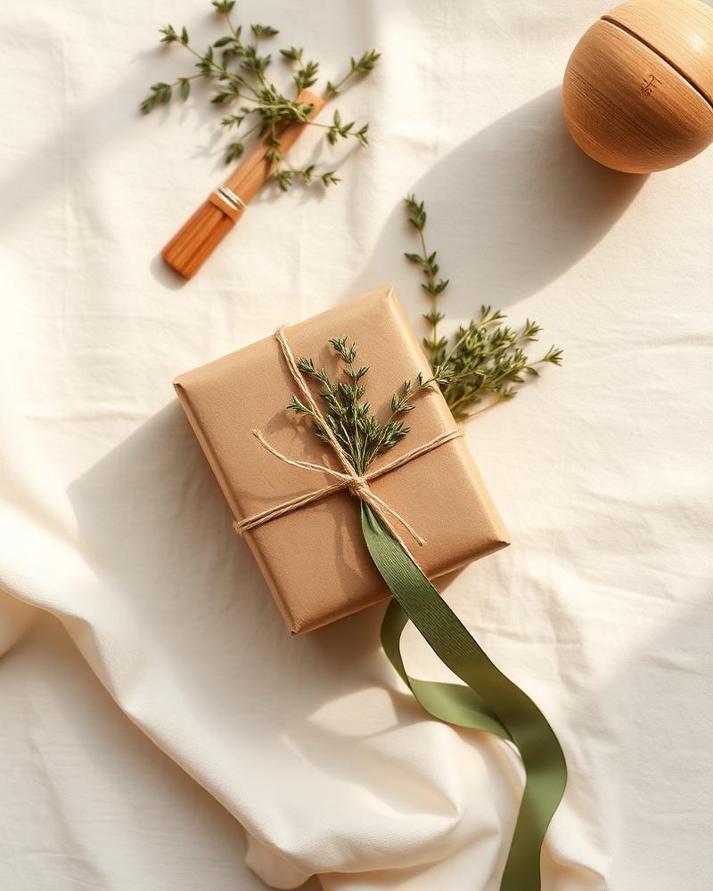Gift wrapped in recycled kraft paper with twine and a sage-green ribbon