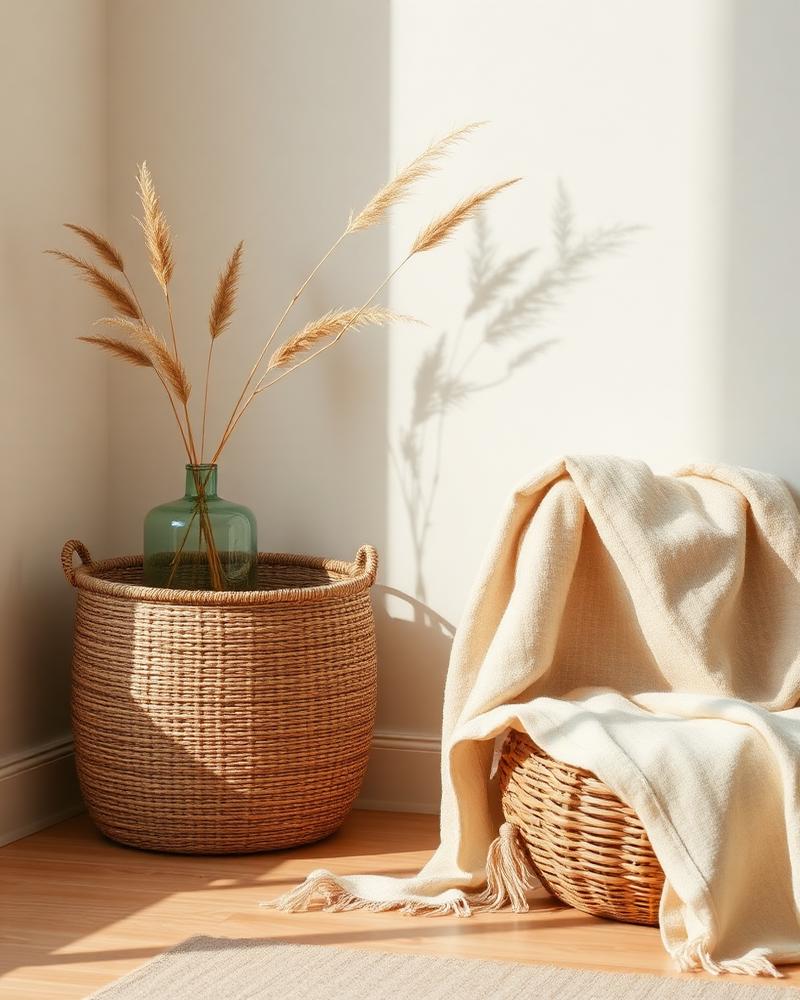 Woven basket, recycled glass vase with dried grasses and a cream throw