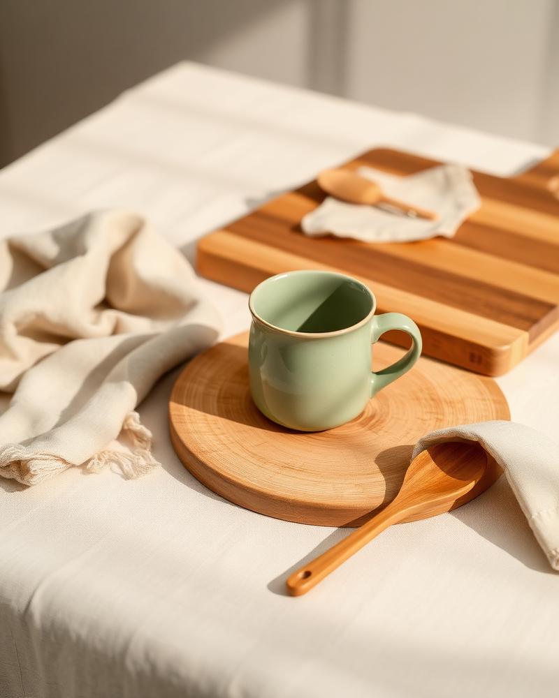 Sage-green ceramic mug, wooden board and bamboo utensil on cream linen