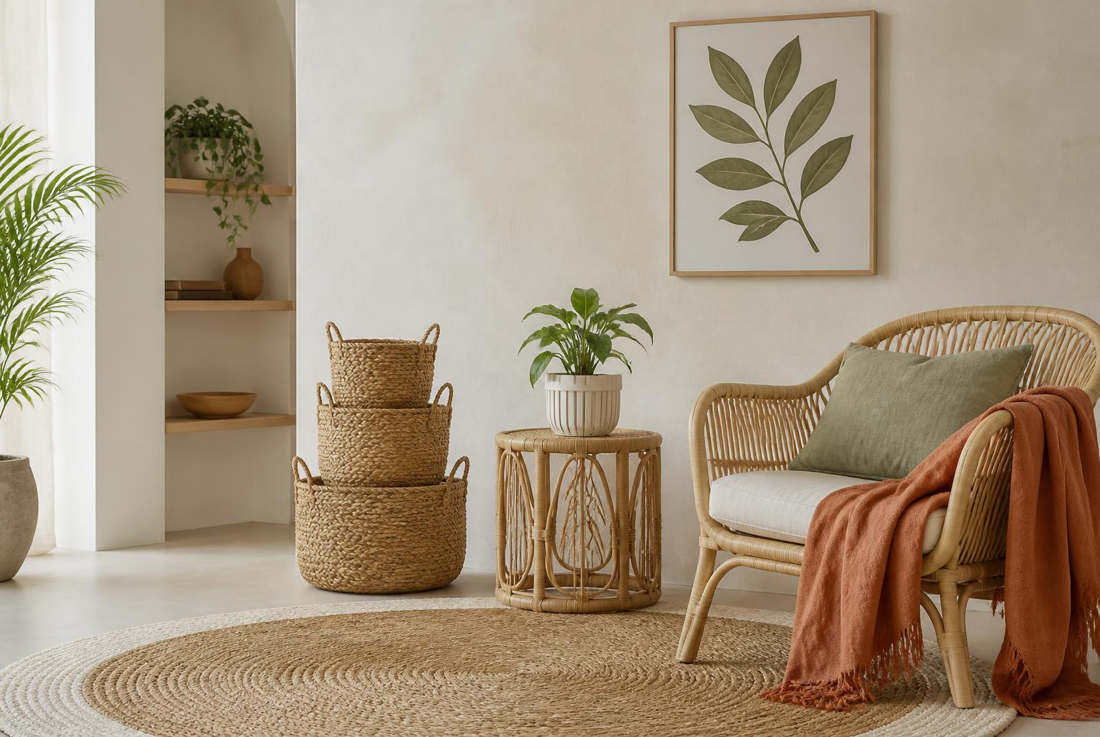 Cream-walled living room with a round jute rug, stacked woven baskets, a rattan side table holding a white bamboo planter, and a botanical leaf print above a rattan armchair